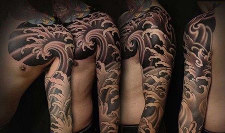 新传统胳膊海浪纹身图案