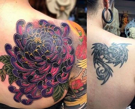 新传统后肩菊花纹身图案
