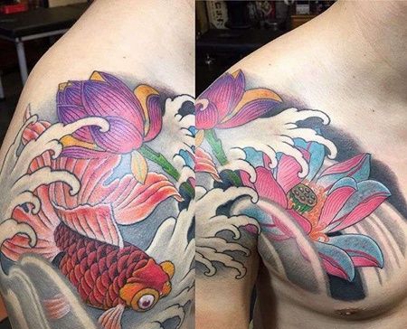 新传统大臂前胸鲤鱼荷花纹身图案