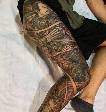 新传统腿武士龙纹身图案