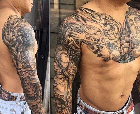 新传统胳膊前胸龙武士纹身图案