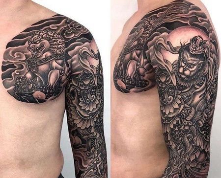 新传统胳膊前胸唐狮纹身图案