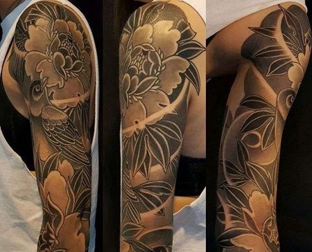 新传统胳膊牡丹鸟纹身图案