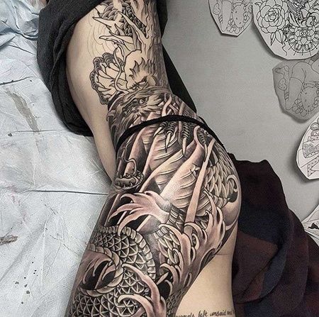 新传统侧腰大腿龙纹身图案