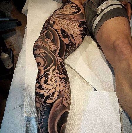 新传统腿菊花纹身图案