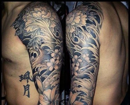 新传统胳膊海浪牡丹纹身图案