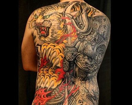 新传统后背鬼武士老虎纹身图案