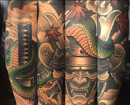 新传统小臂鬼武士蛇纹身图案