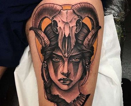 New School大腿女人骷髅纹身图案