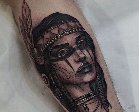 New School小腿印第安女人纹身图案