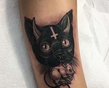 New School小臂猫老鼠纹身图案
