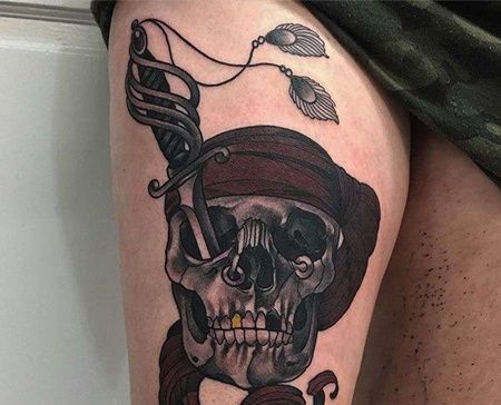 New School大腿骷髅宝剑纹身图案