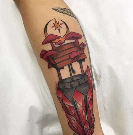 New School小臂宝石井纹身图案