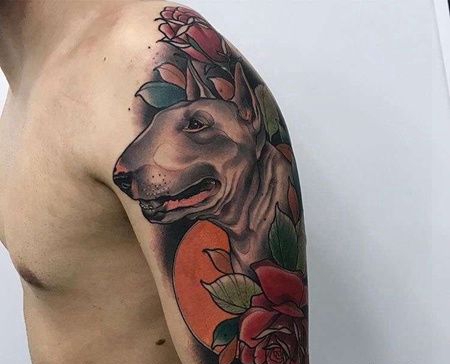 New School大臂狗玫瑰纹身图案