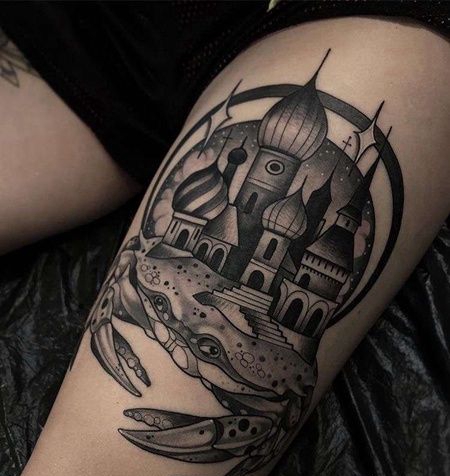 New School大腿建筑螃蟹纹身图案