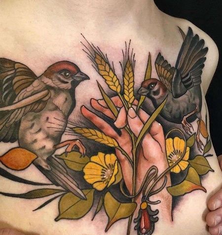 New School前胸麻雀手麦穗纹身图案