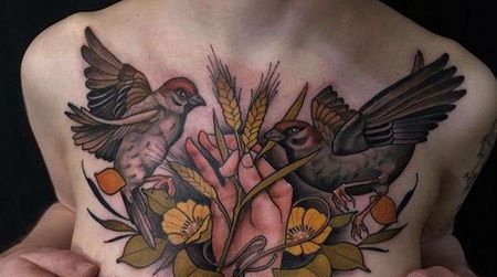 New School前胸手麦穗麻雀纹身图案