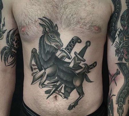 New School腹部山羊匕首纹身图案