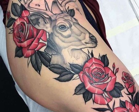 New School大腿鹿玫瑰纹身图案