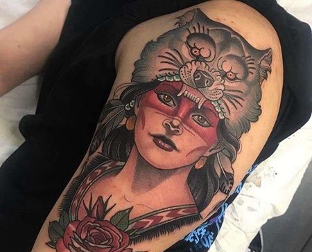 New School大臂女人狼玫瑰纹身图案