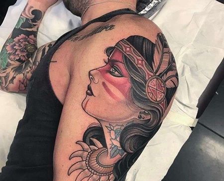 New School大臂印第安女人纹身图案