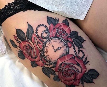 New School大腿玫瑰钟表纹身图案