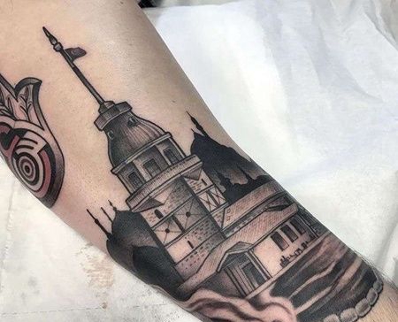 New School小腿建筑纹身图案