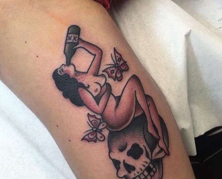 Old School大臂女人骷髅纹身图案