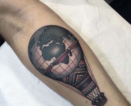 New School小腿地球热气球纹身图案