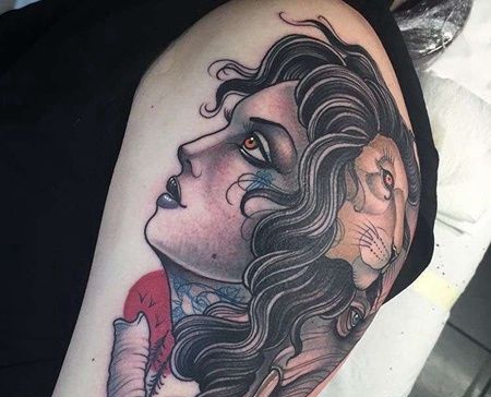 New School大臂女人狮子大象纹身图案