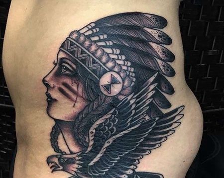 New School侧腰印第安女人老鹰纹身图案