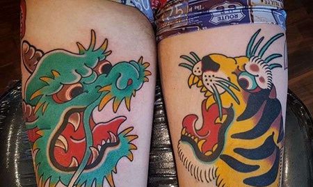 日式大腿龙老虎纹身图案