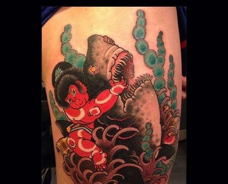 日式大腿河童鲨鱼纹身图案