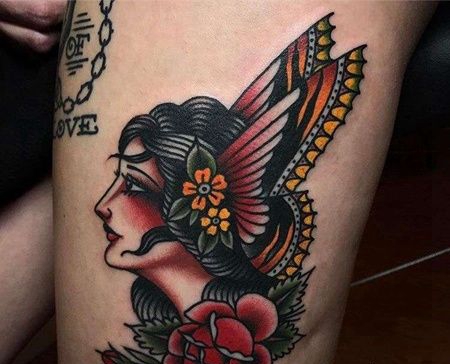 Old School大腿女人蝴蝶玫瑰纹身图案