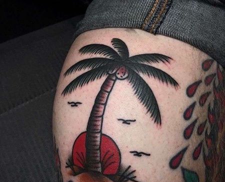 Old School小腿椰子树纹身图案