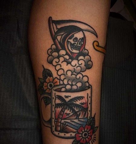 Old School小腿死神酒杯纹身图案