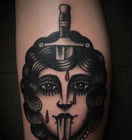 Old School小腿匕首女人纹身图案