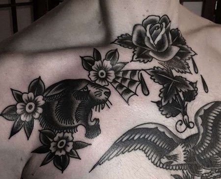 Old School锁骨黑豹玫瑰纹身图案