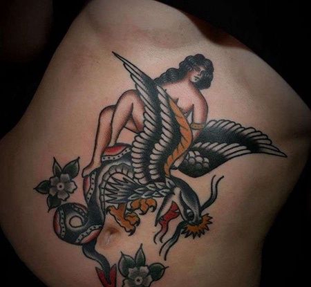 Old School腹部女人老鹰纹身图案