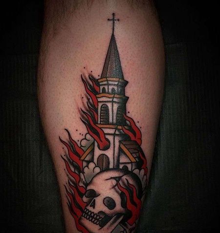 Old School小腿建筑骷髅纹身图案