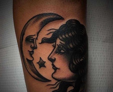 Old School小腿女人月亮纹身图案