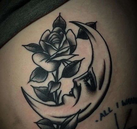 Old School大腿月亮玫瑰纹身图案