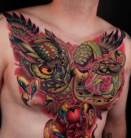 New School前胸猫头鹰蛇骷髅纹身图案