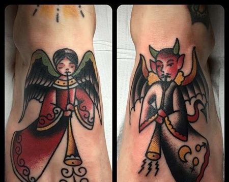 Old School脚背恶魔天使纹身图案
