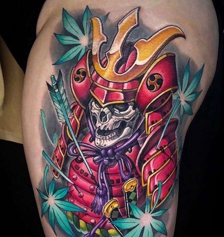 New School大腿鬼武士纹身图案