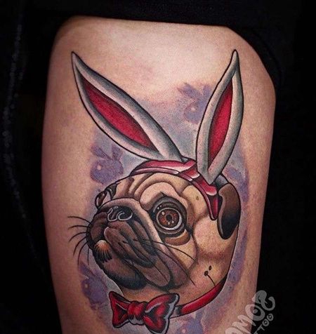 New School大腿狗兔耳朵纹身图案