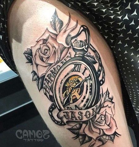 New School大腿钟表玫瑰纹身图案