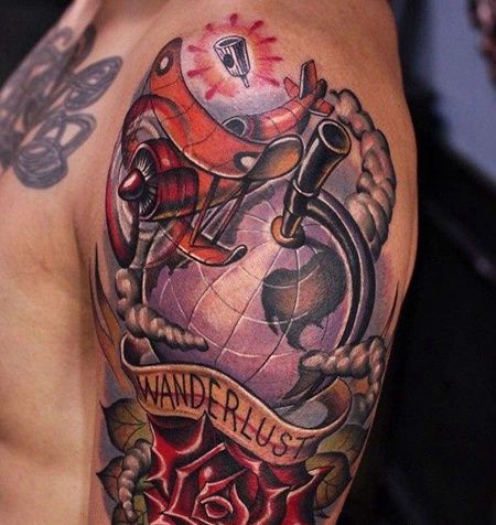 New School大臂地球仪飞机玫瑰纹身图案