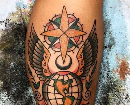 Old School小腿地球翅膀纹身图案