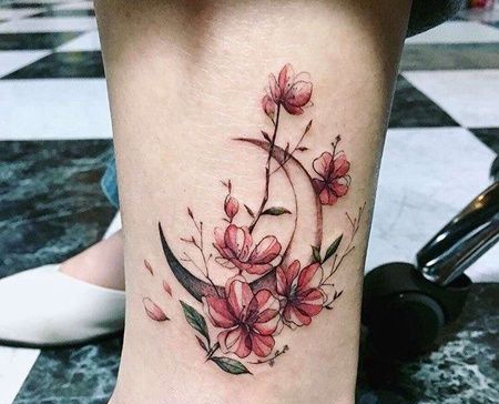 小清新小腿月亮花卉纹身图案